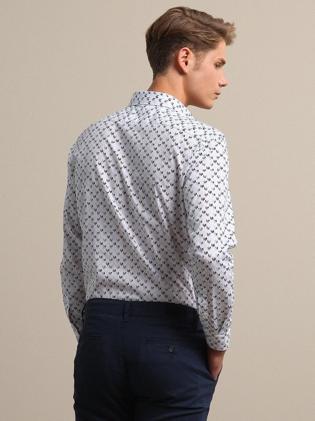 Lacivert Baskılı Slim Fit Dokuma Casual %100 Pamuk Gömlek - 5