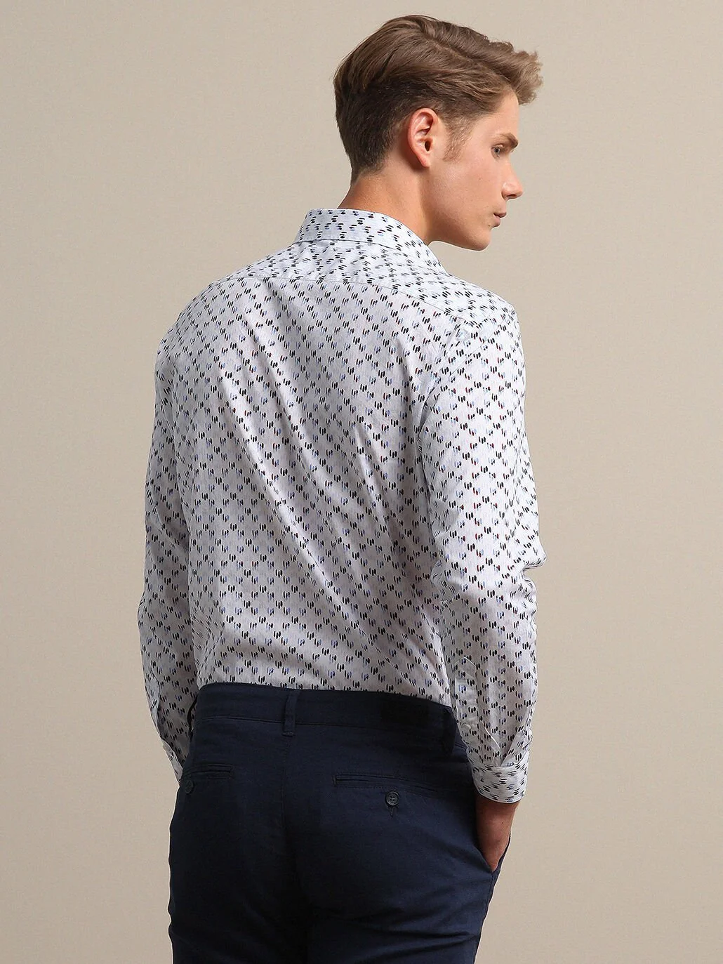 Lacivert Baskılı Slim Fit Dokuma Casual %100 Pamuk Gömlek - 5