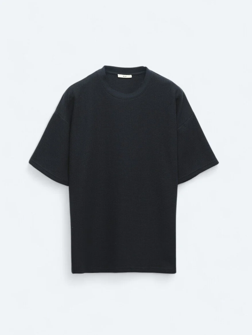 Lacivert Bisiklet Yaka %100 Pamuk T-Shirt - 6
