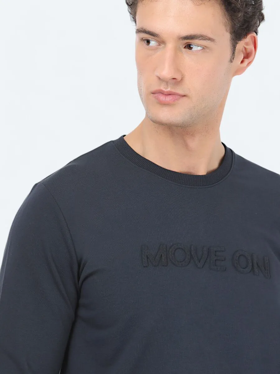 Lacivert Bisiklet Yaka Baskılı Sweatshırt - 3