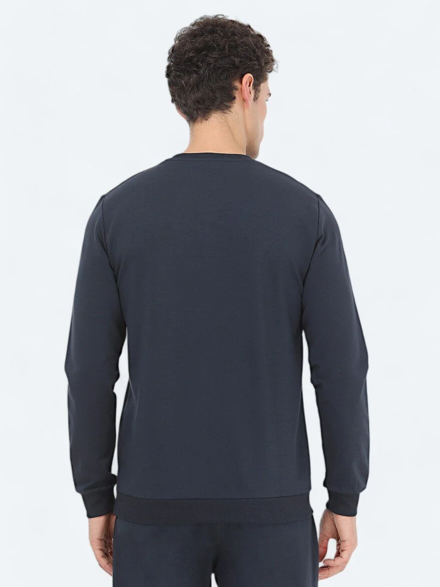 Lacivert Bisiklet Yaka Baskılı Sweatshırt - 5
