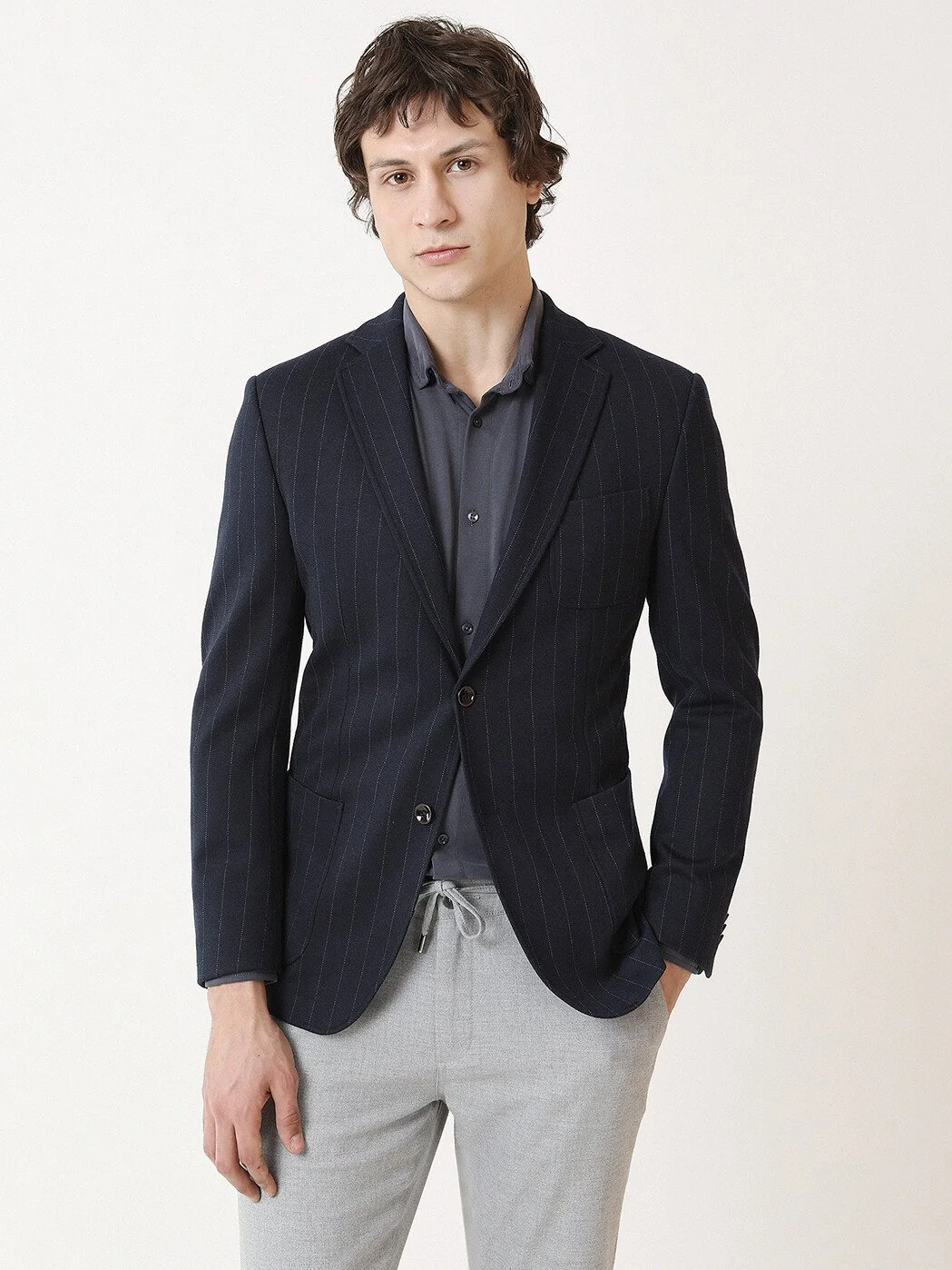Lacivert Çizgili Modern Fit Örme Ceket - 1