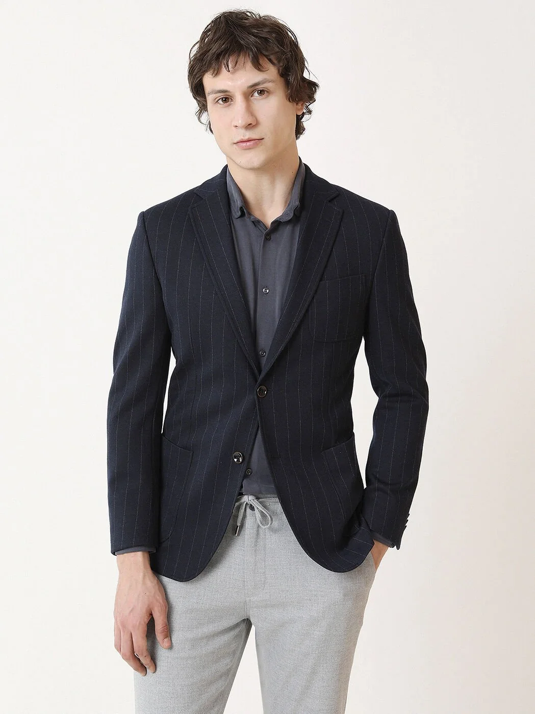 Lacivert Çizgili Modern Fit Örme Ceket - 1