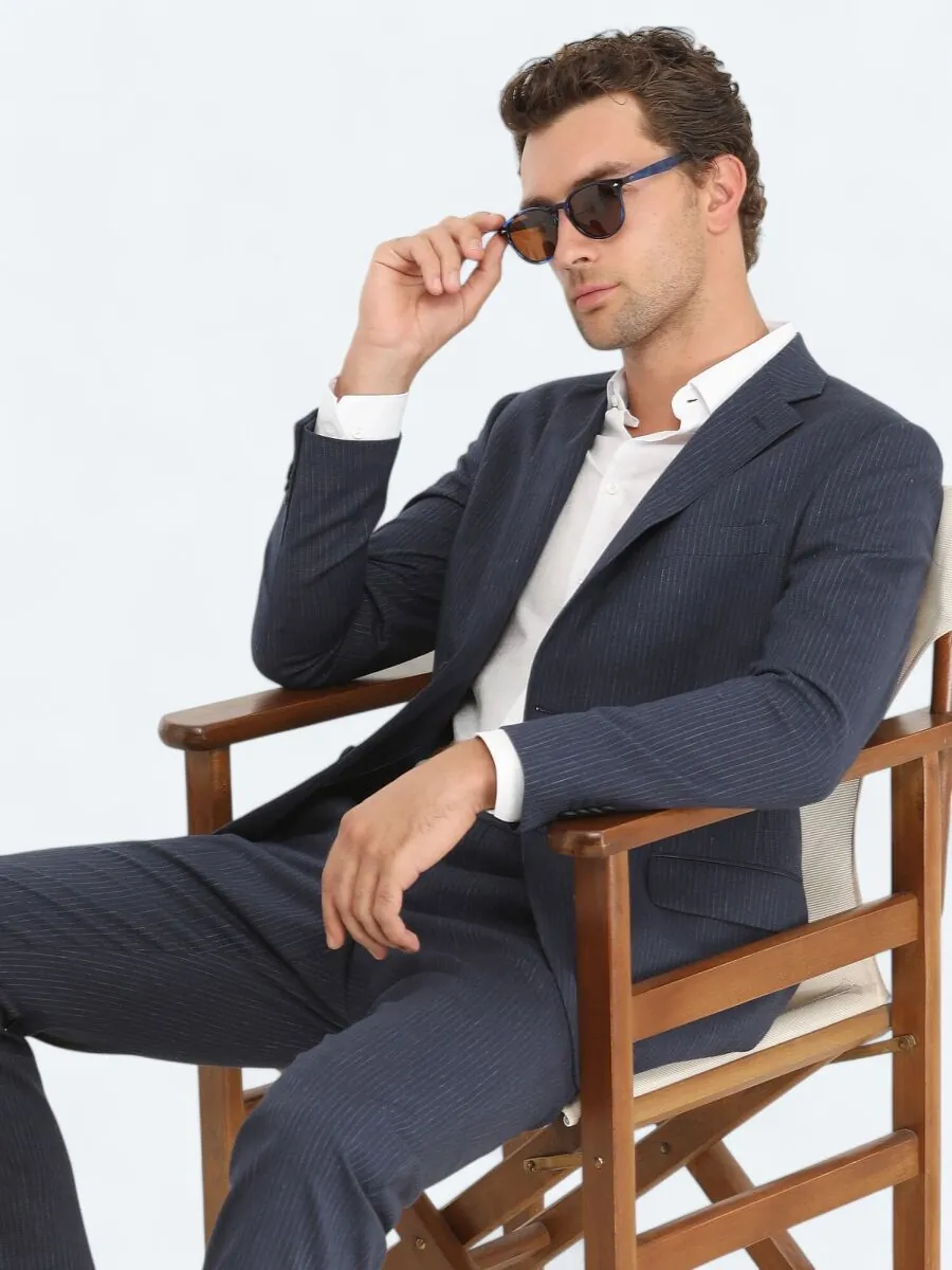 Lacivert Çizgili Modern Fit Pamuk Karışımlı Takım Elbise - 1