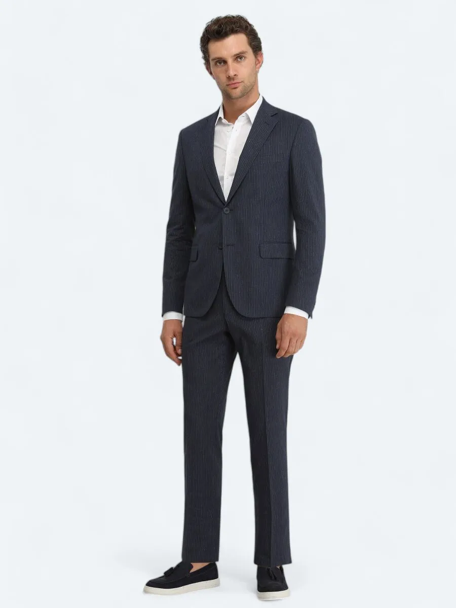 Lacivert Çizgili Modern Fit Pamuk Karışımlı Takım Elbise - 2