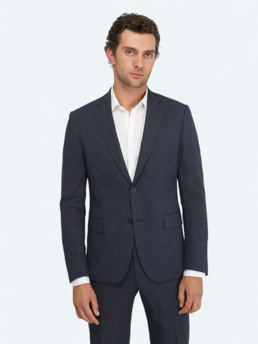 Lacivert Çizgili Modern Fit Pamuk Karışımlı Takım Elbise - 3