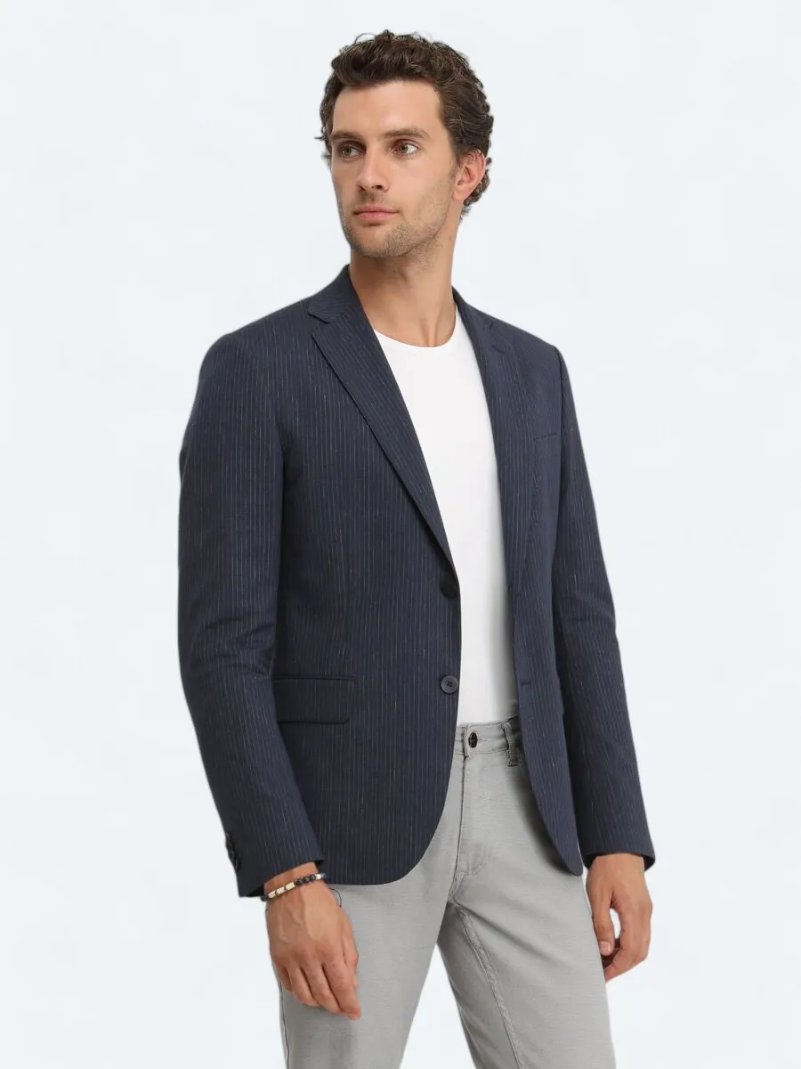 Lacivert Çizgili Modern Fit Pamuk Karışımlı Takım Elbise - 4