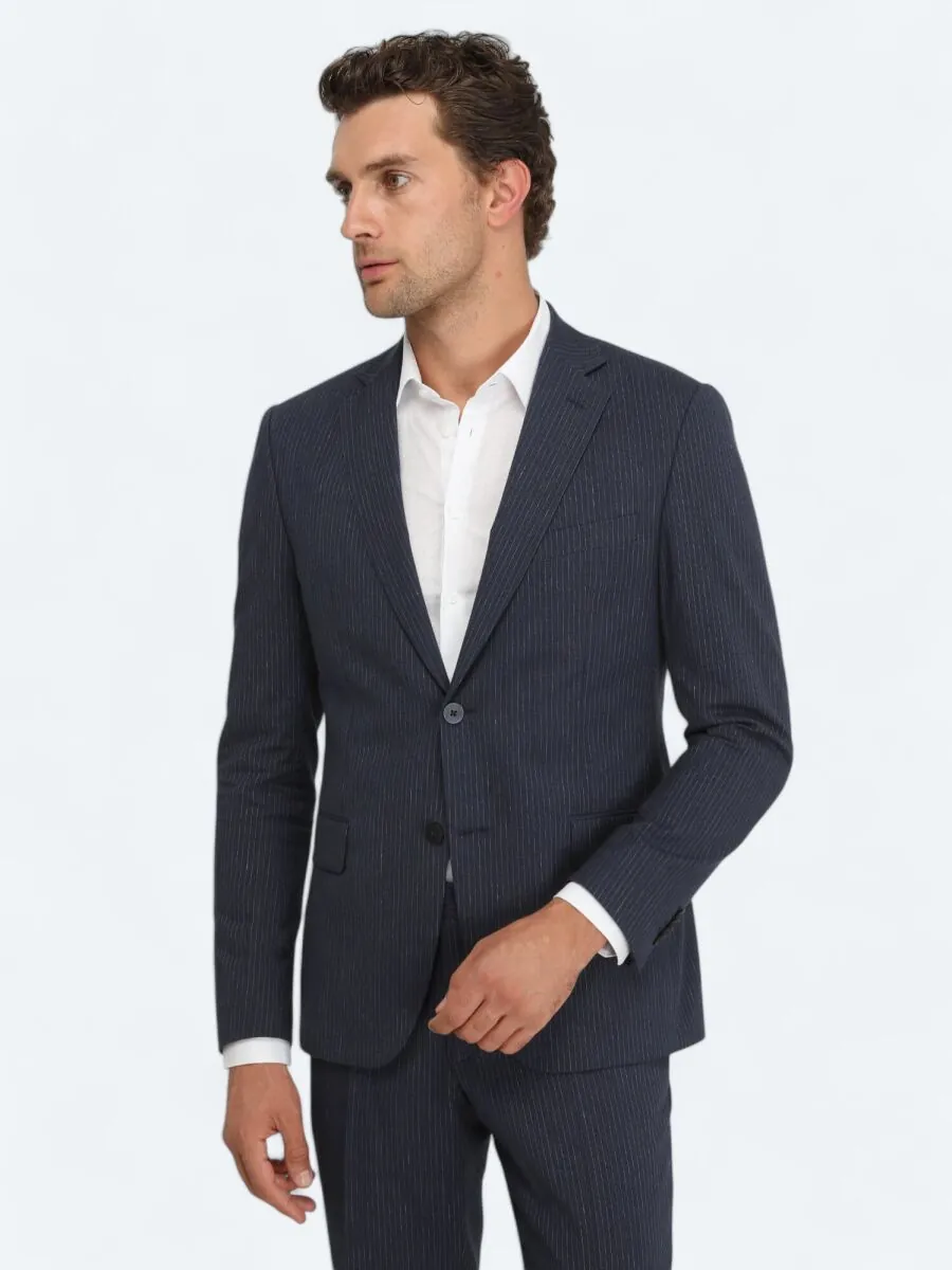 Lacivert Çizgili Modern Fit Pamuk Karışımlı Takım Elbise - 5