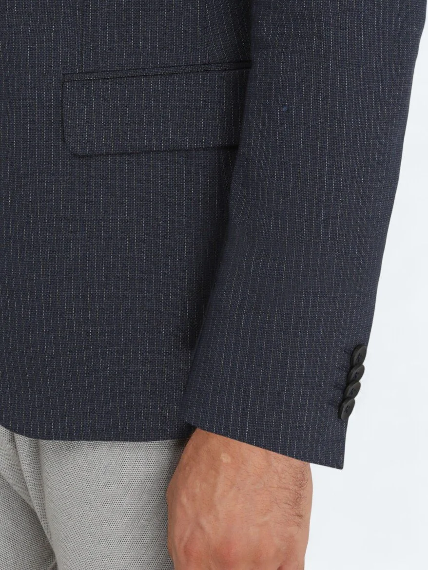 Lacivert Çizgili Modern Fit Pamuk Karışımlı Takım Elbise - 6