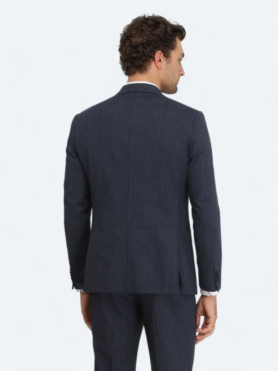 Lacivert Çizgili Modern Fit Pamuk Karışımlı Takım Elbise - 8