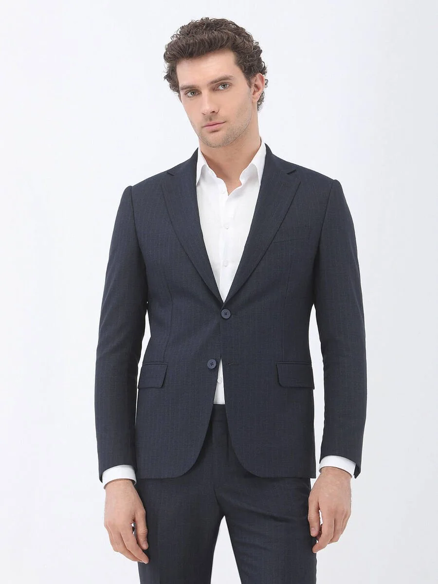 Lacivert Çizgili Modern Fit Takım Elbise - 1