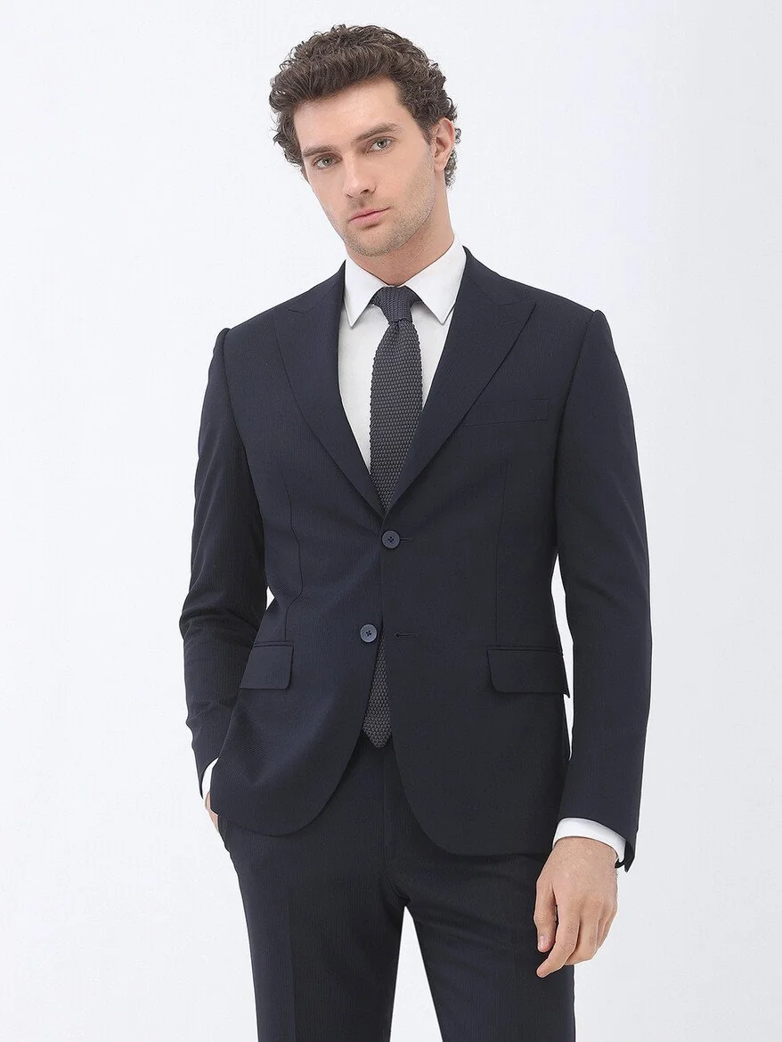 Lacivert Çizgili Modern Fit Yün Karışımlı Takım Elbise - 1
