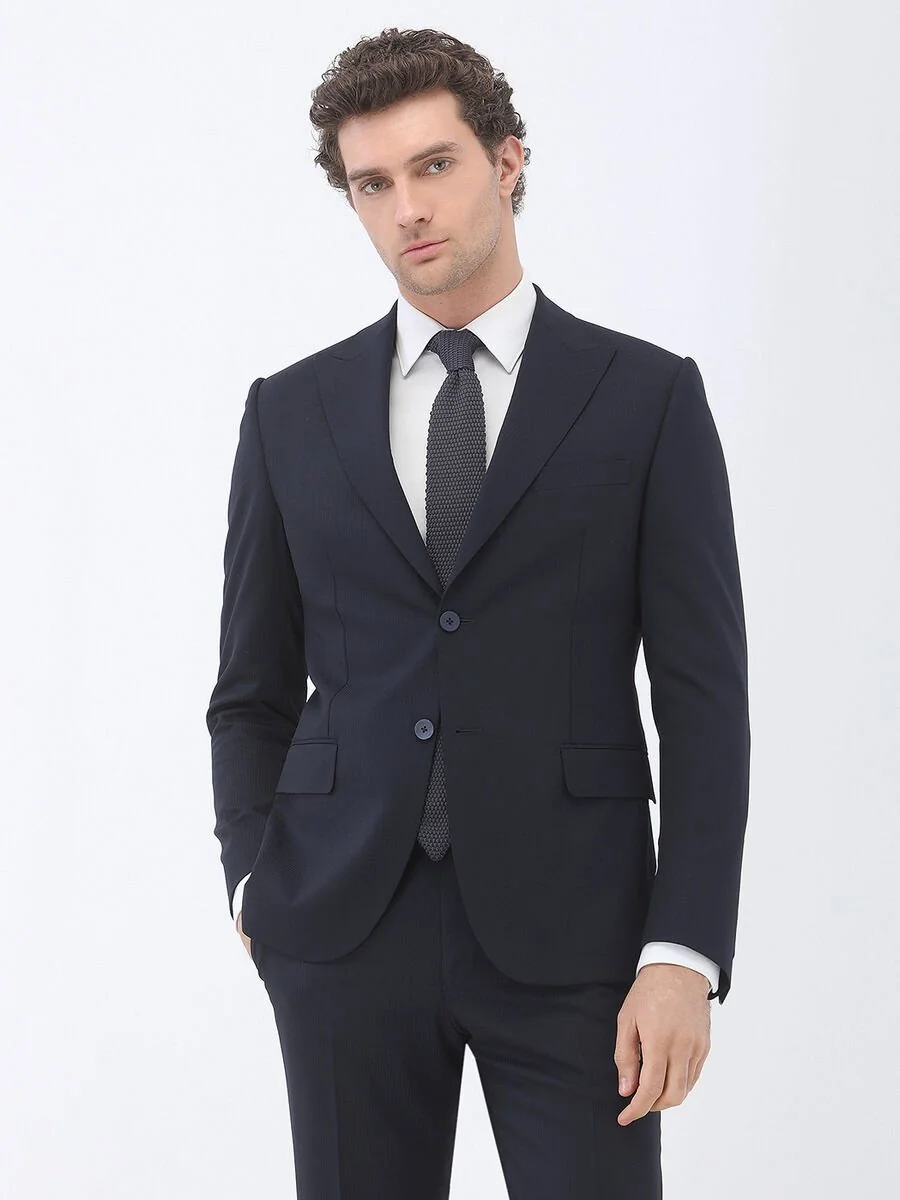 Lacivert Çizgili Modern Fit Yün Karışımlı Takım Elbise - 1