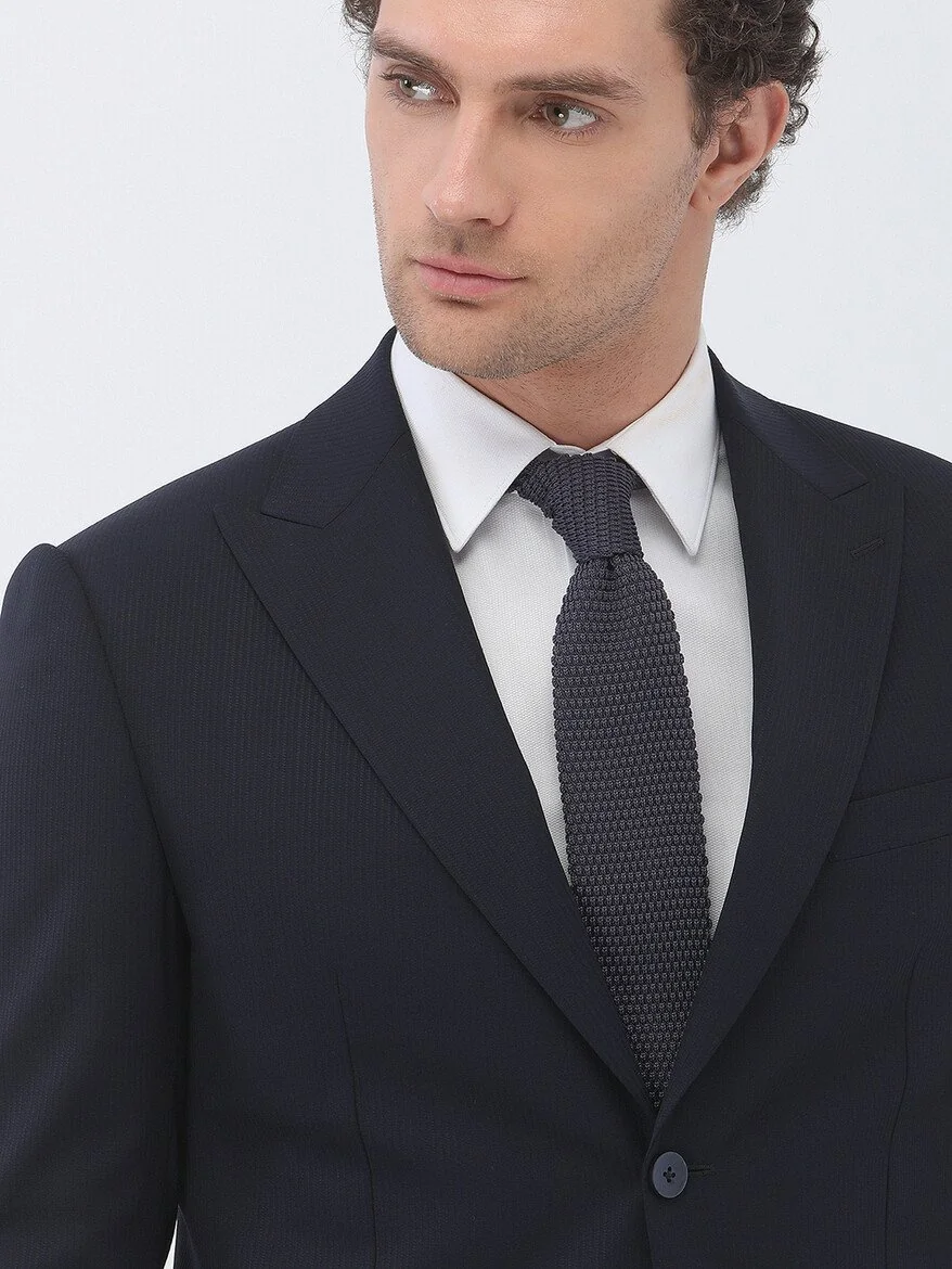 Lacivert Çizgili Modern Fit Yün Karışımlı Takım Elbise - 3
