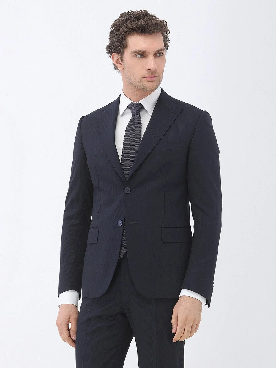 Lacivert Çizgili Modern Fit Yün Karışımlı Takım Elbise - 4