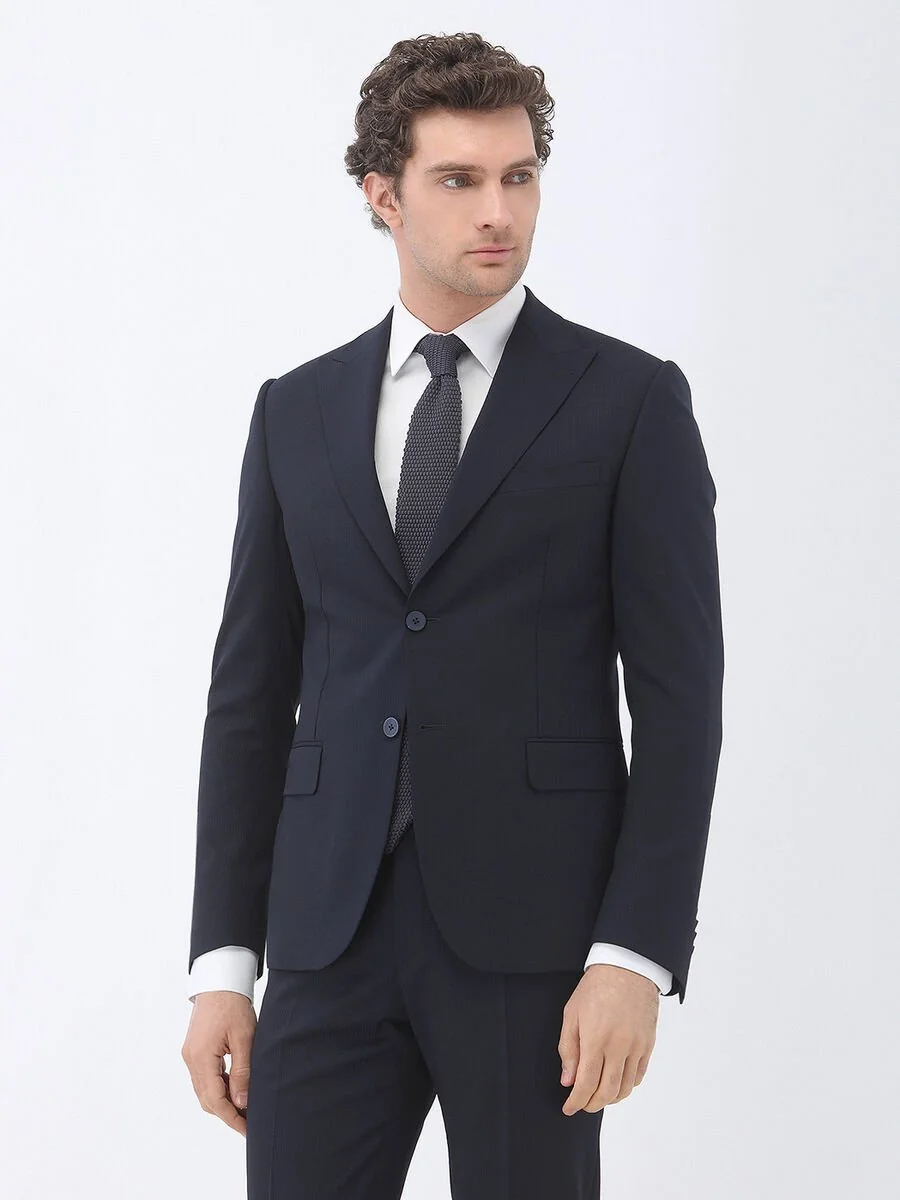 Lacivert Çizgili Modern Fit Yün Karışımlı Takım Elbise - 4