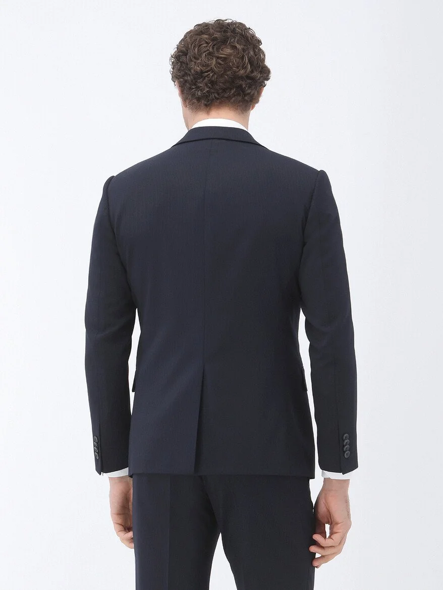 Lacivert Çizgili Modern Fit Yün Karışımlı Takım Elbise - 6