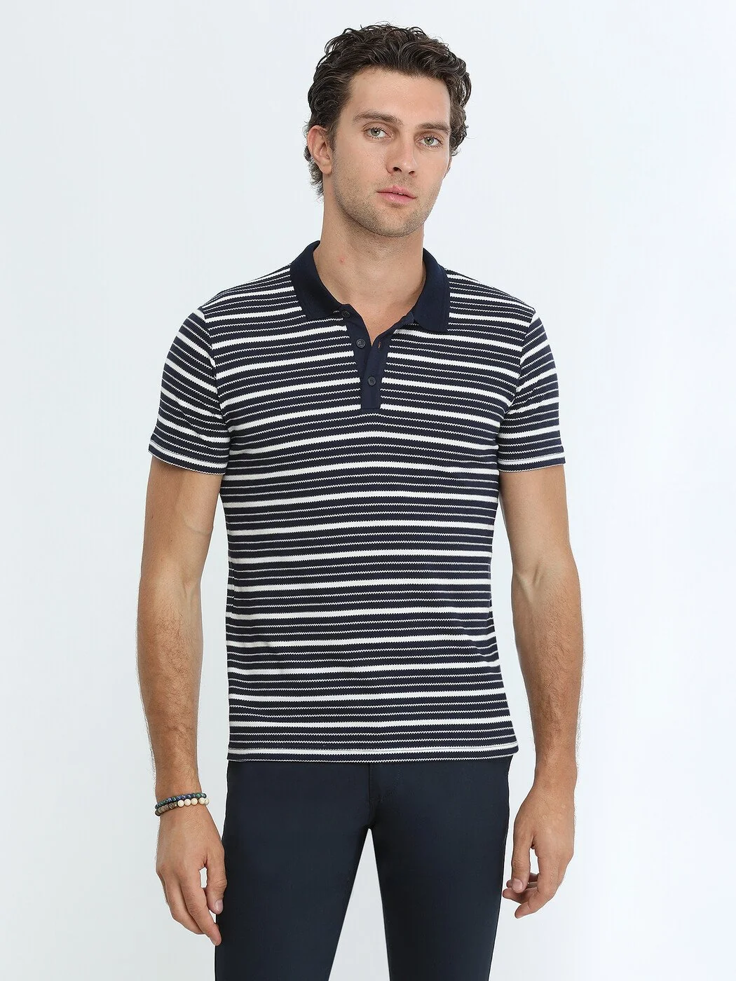 Lacivert Çizgili Polo Yaka %100 Pamuk T-Shirt - 1