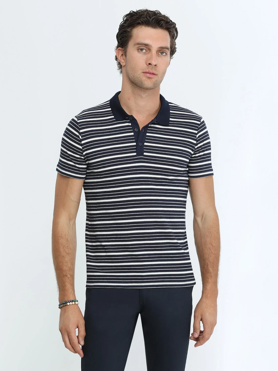 Lacivert Çizgili Polo Yaka %100 Pamuk T-Shirt - 1