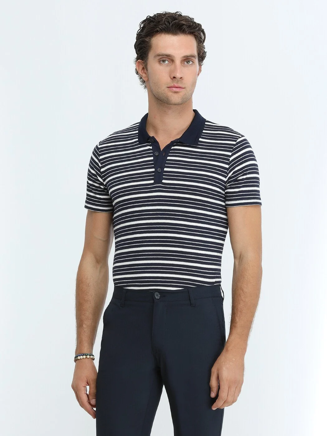 Lacivert Çizgili Polo Yaka %100 Pamuk T-Shirt - 3