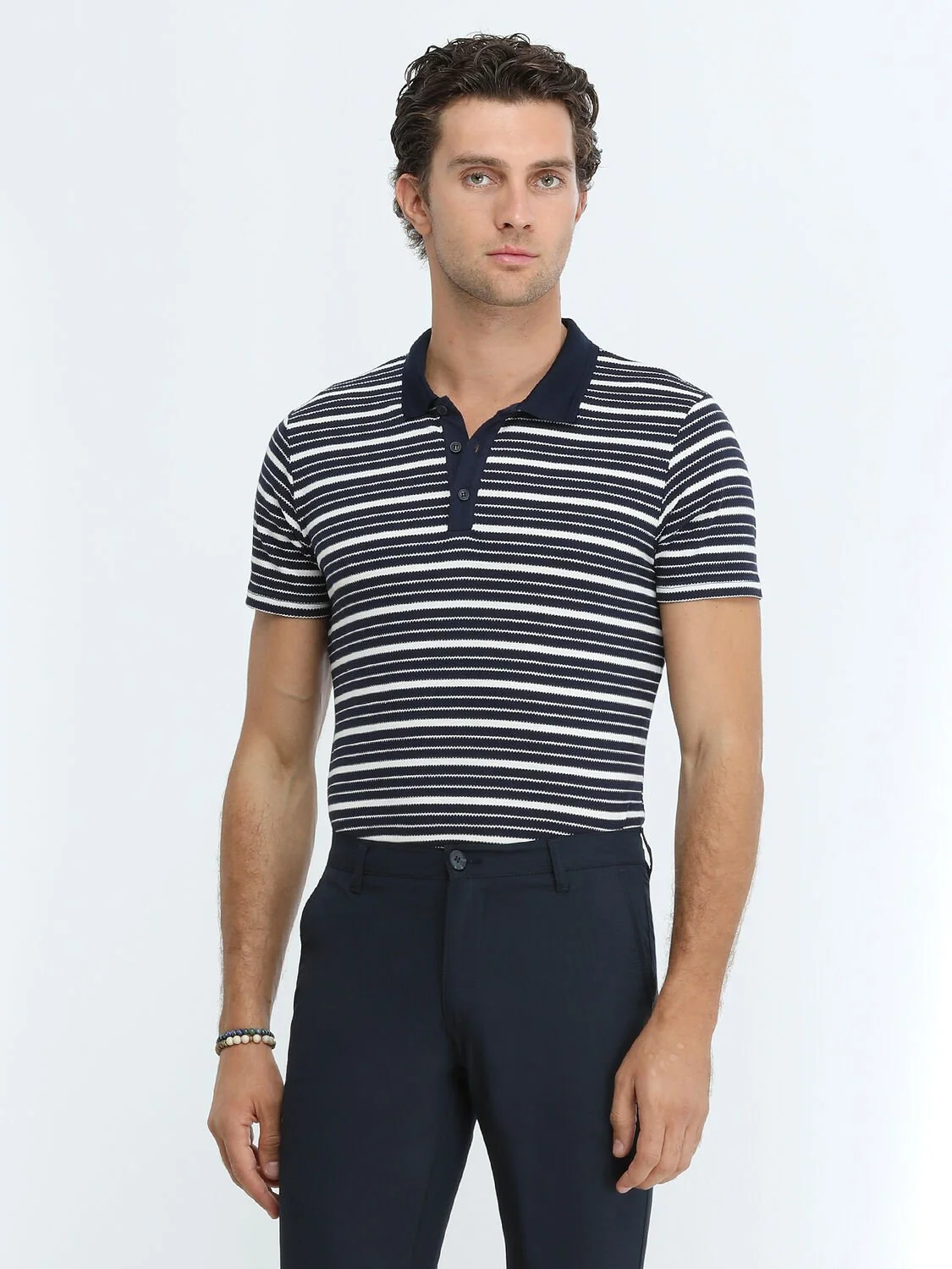 Lacivert Çizgili Polo Yaka %100 Pamuk T-Shirt - 3