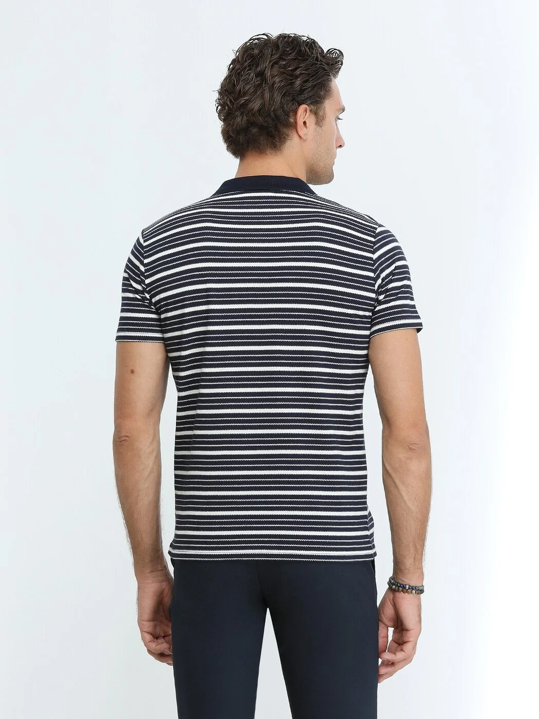 Lacivert Çizgili Polo Yaka %100 Pamuk T-Shirt - 5