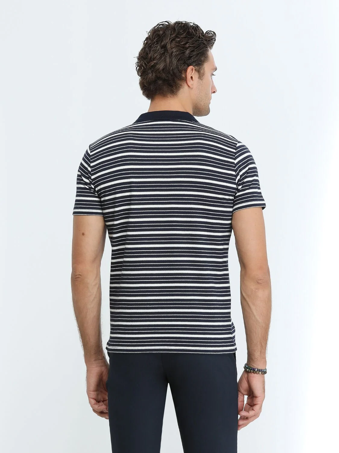 Lacivert Çizgili Polo Yaka %100 Pamuk T-Shirt - 5