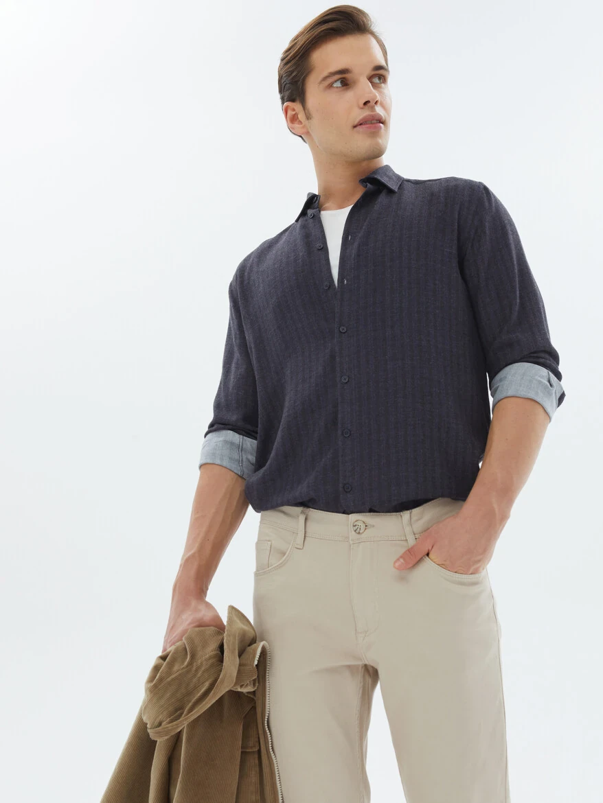 Lacivert Çizgili Regular Fit Dokuma Casual Gömlek - 1