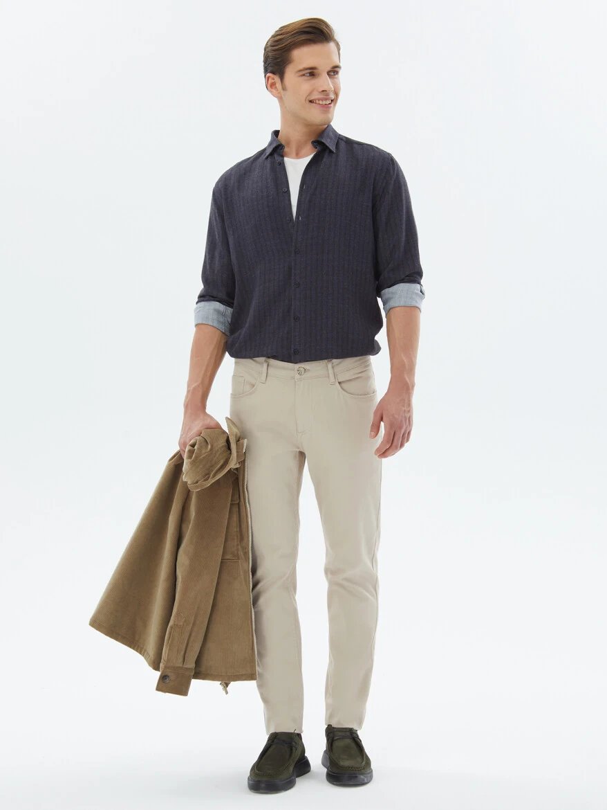 Lacivert Çizgili Regular Fit Dokuma Casual Gömlek - 2