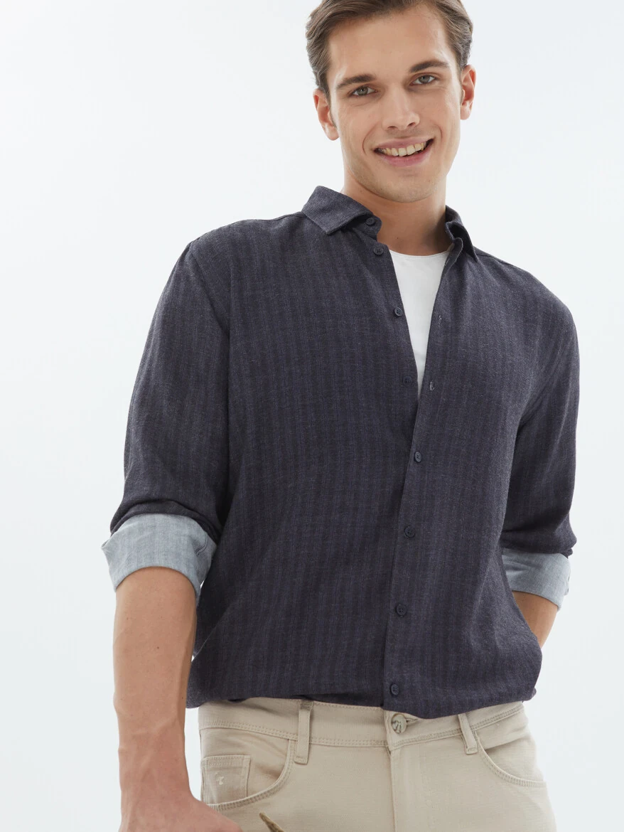 Lacivert Çizgili Regular Fit Dokuma Casual Gömlek - 3