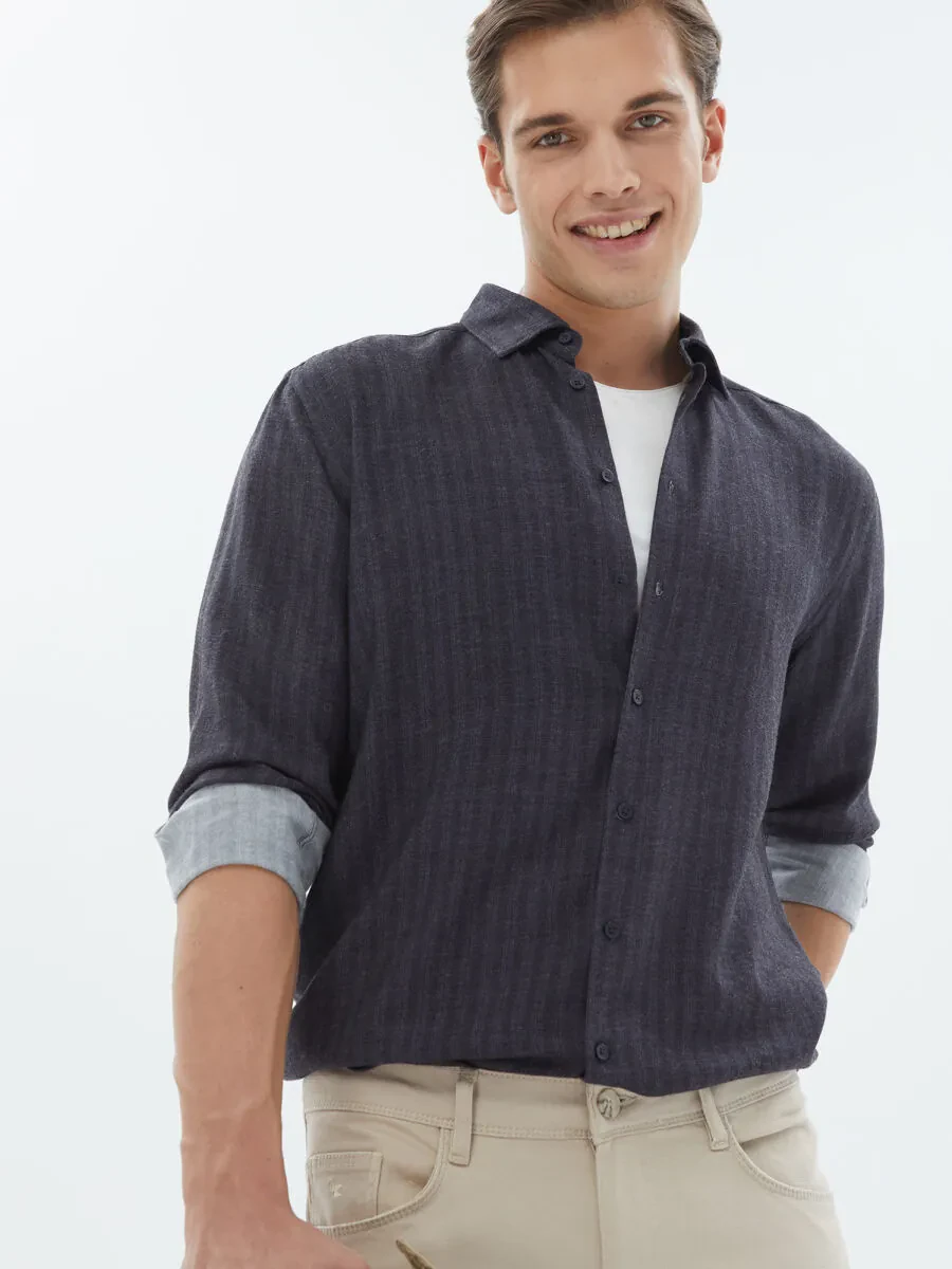 Lacivert Çizgili Regular Fit Dokuma Casual Gömlek - 3