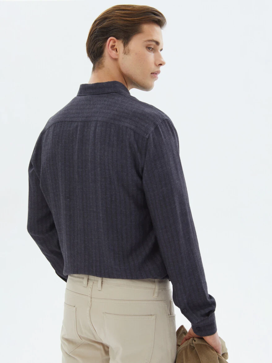 Lacivert Çizgili Regular Fit Dokuma Casual Gömlek - 6