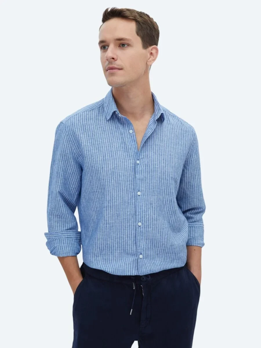 Lacivert Çizgili Regular Fit Dokuma Casual Pamuk Karışımlı Gömlek - 1