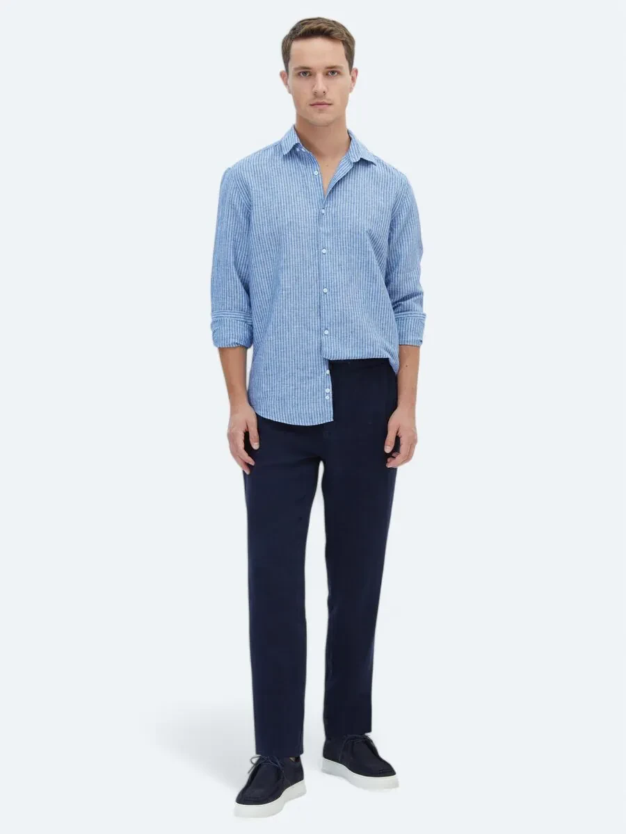 Lacivert Çizgili Regular Fit Dokuma Casual Pamuk Karışımlı Gömlek - 2