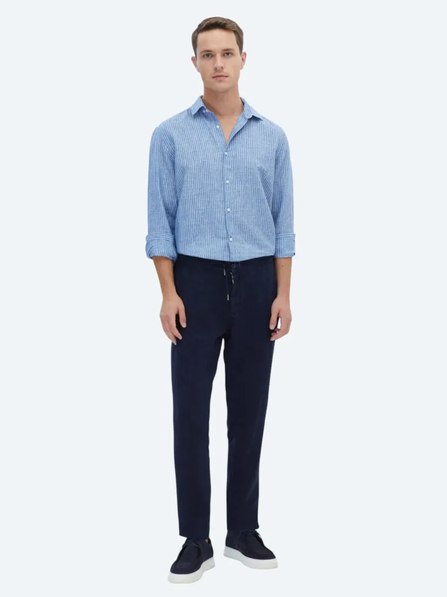 Lacivert Çizgili Regular Fit Dokuma Casual Pamuk Karışımlı Gömlek - 3