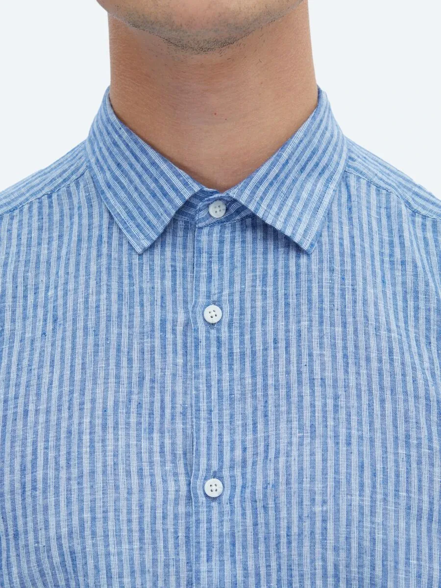 Lacivert Çizgili Regular Fit Dokuma Casual Pamuk Karışımlı Gömlek - 5