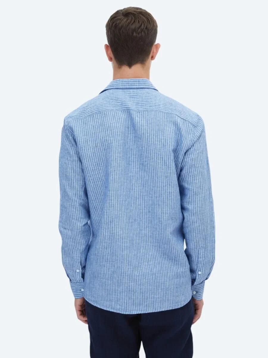 Lacivert Çizgili Regular Fit Dokuma Casual Pamuk Karışımlı Gömlek - 6