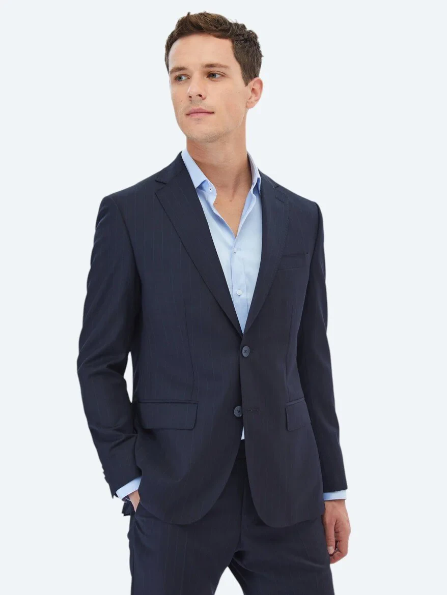 Lacivert Çizgili Regular Fit Yün Karışımlı Takım Elbise - 3