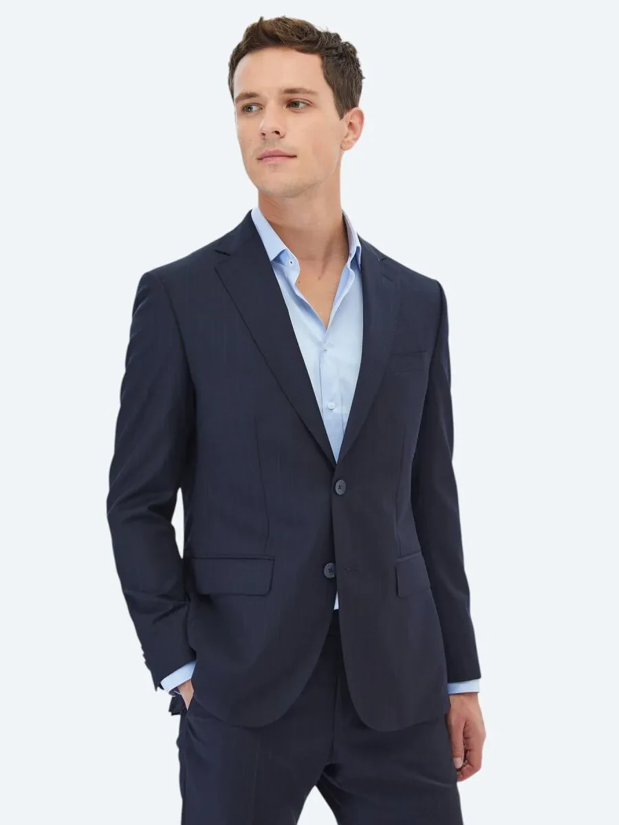 Lacivert Çizgili Regular Fit Yün Karışımlı Takım Elbise - 3