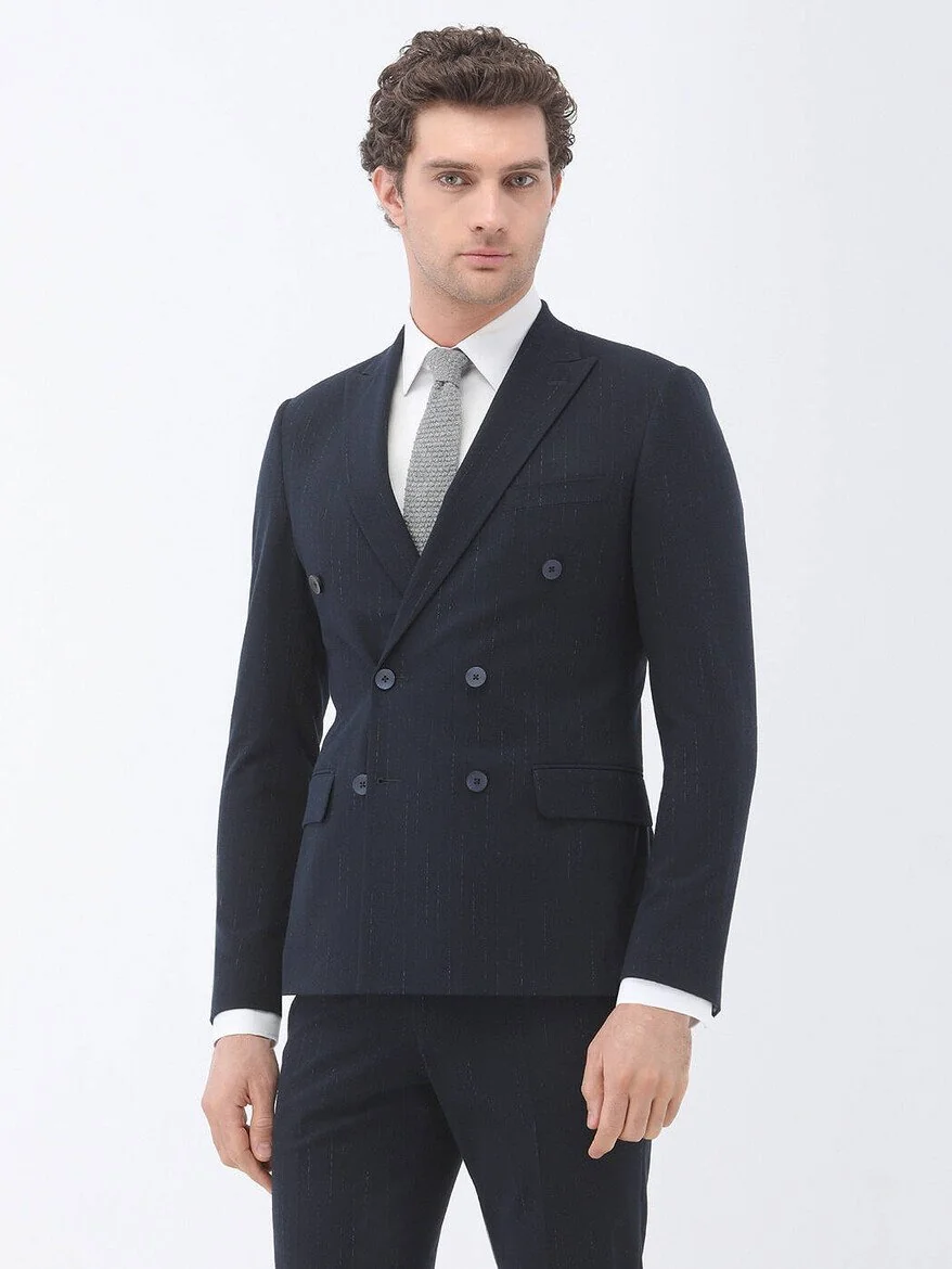 Lacivert Çizgili Slim Fit Takım Elbise - 1