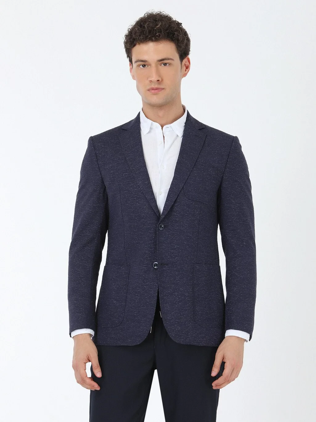 Lacivert Desenli Modern Fit İpek Karışımlı Ceket - 1