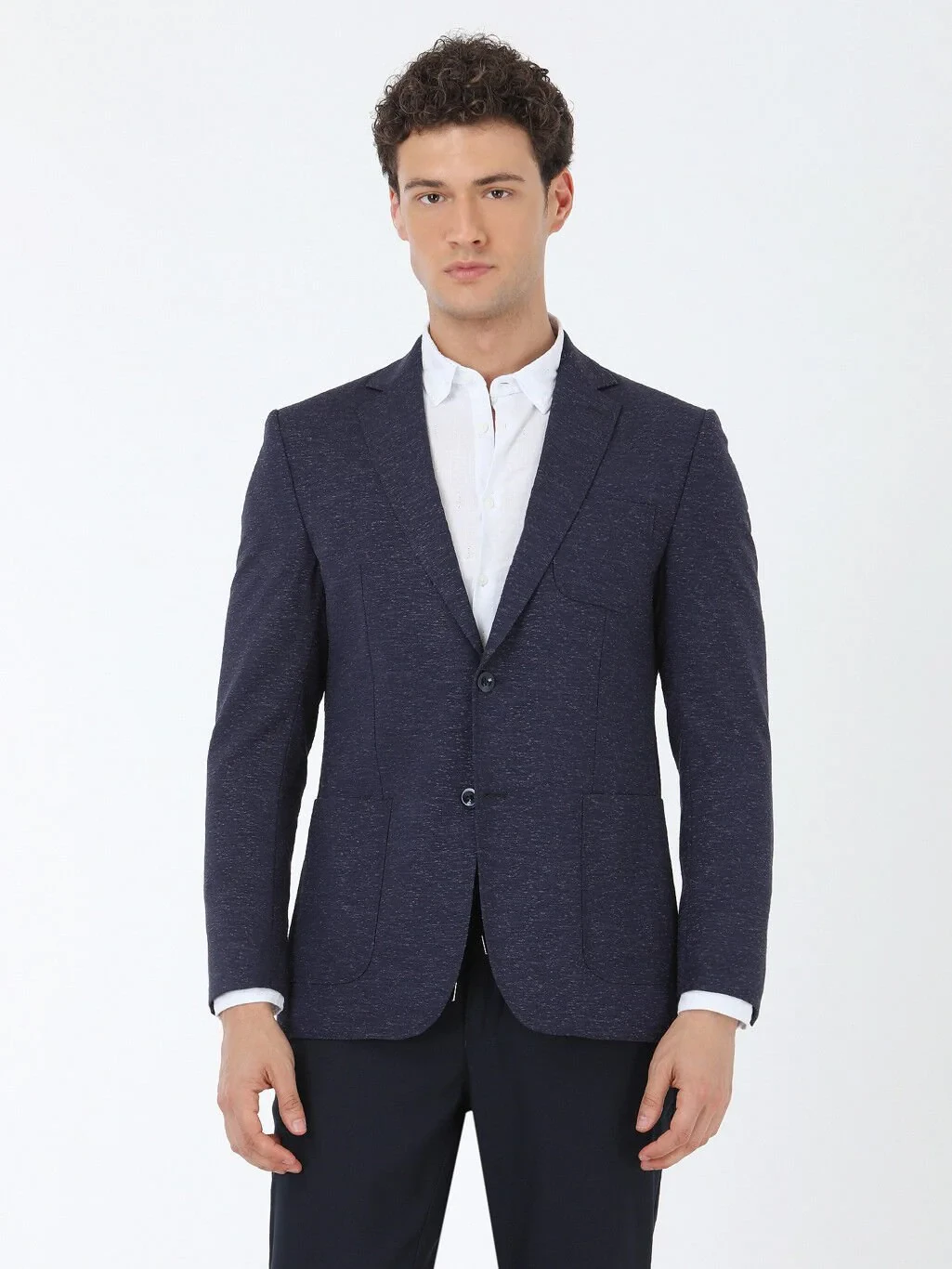 Lacivert Desenli Modern Fit İpek Karışımlı Ceket - 1