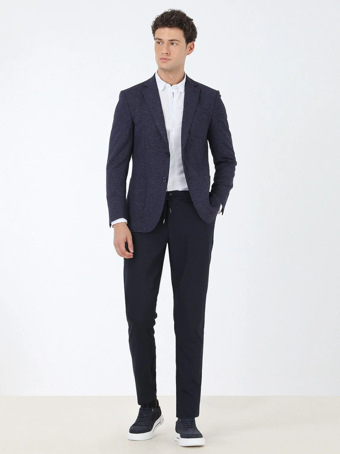 Lacivert Desenli Modern Fit İpek Karışımlı Ceket - 2
