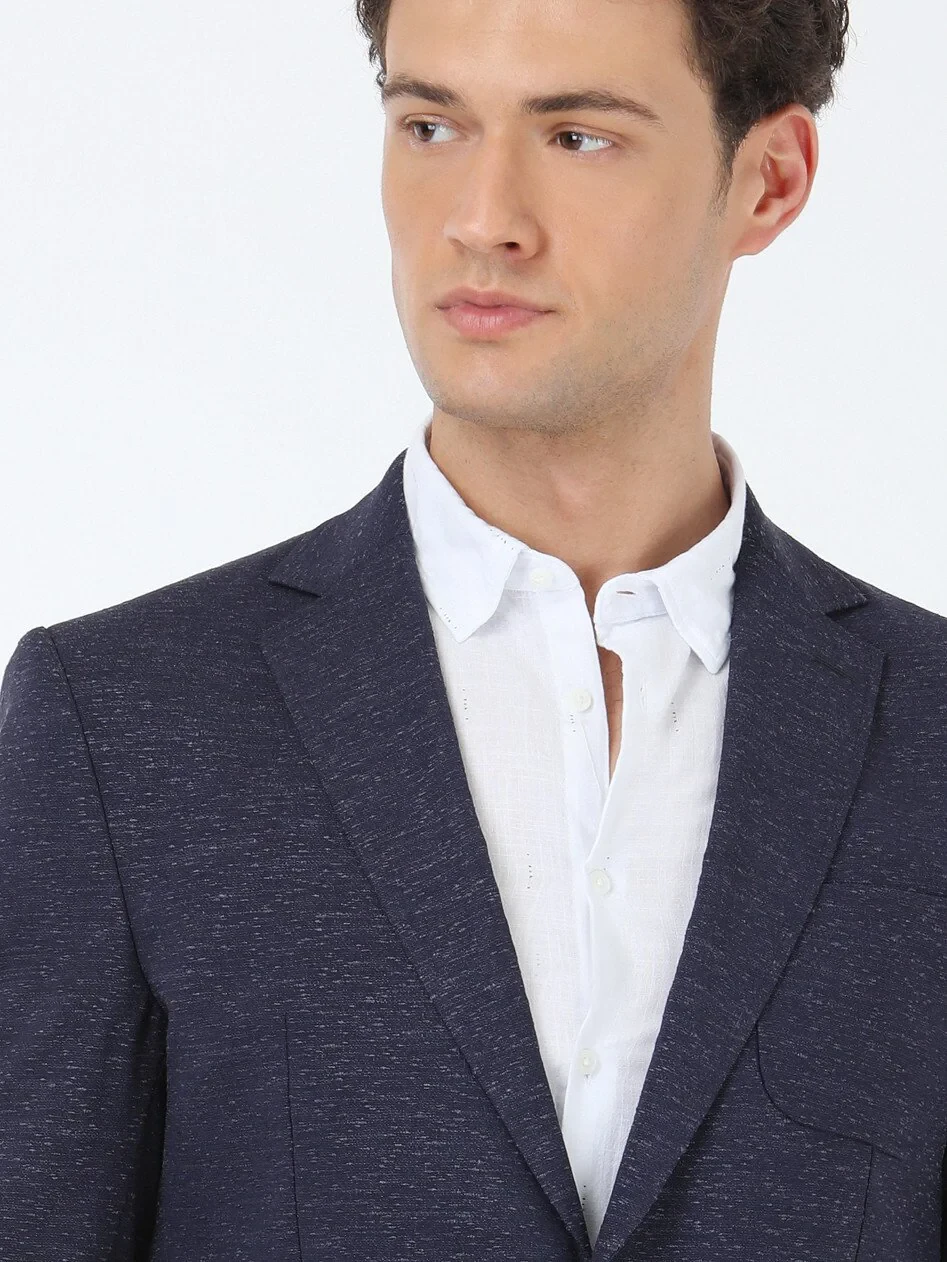 Lacivert Desenli Modern Fit İpek Karışımlı Ceket - 3
