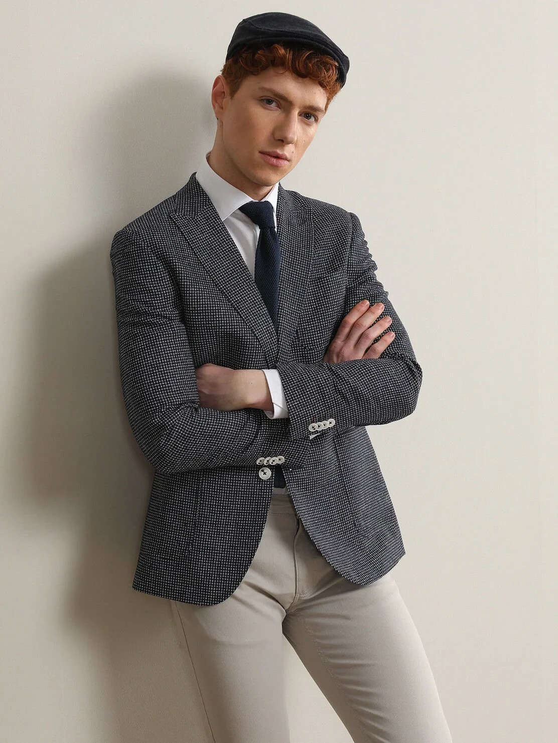 Lacivert Desenli Modern Fit Yün Karışımlı Ceket - 1