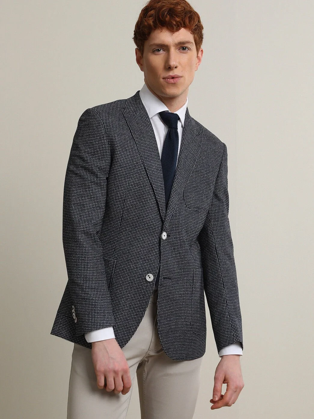 Lacivert Desenli Modern Fit Yün Karışımlı Ceket - 3