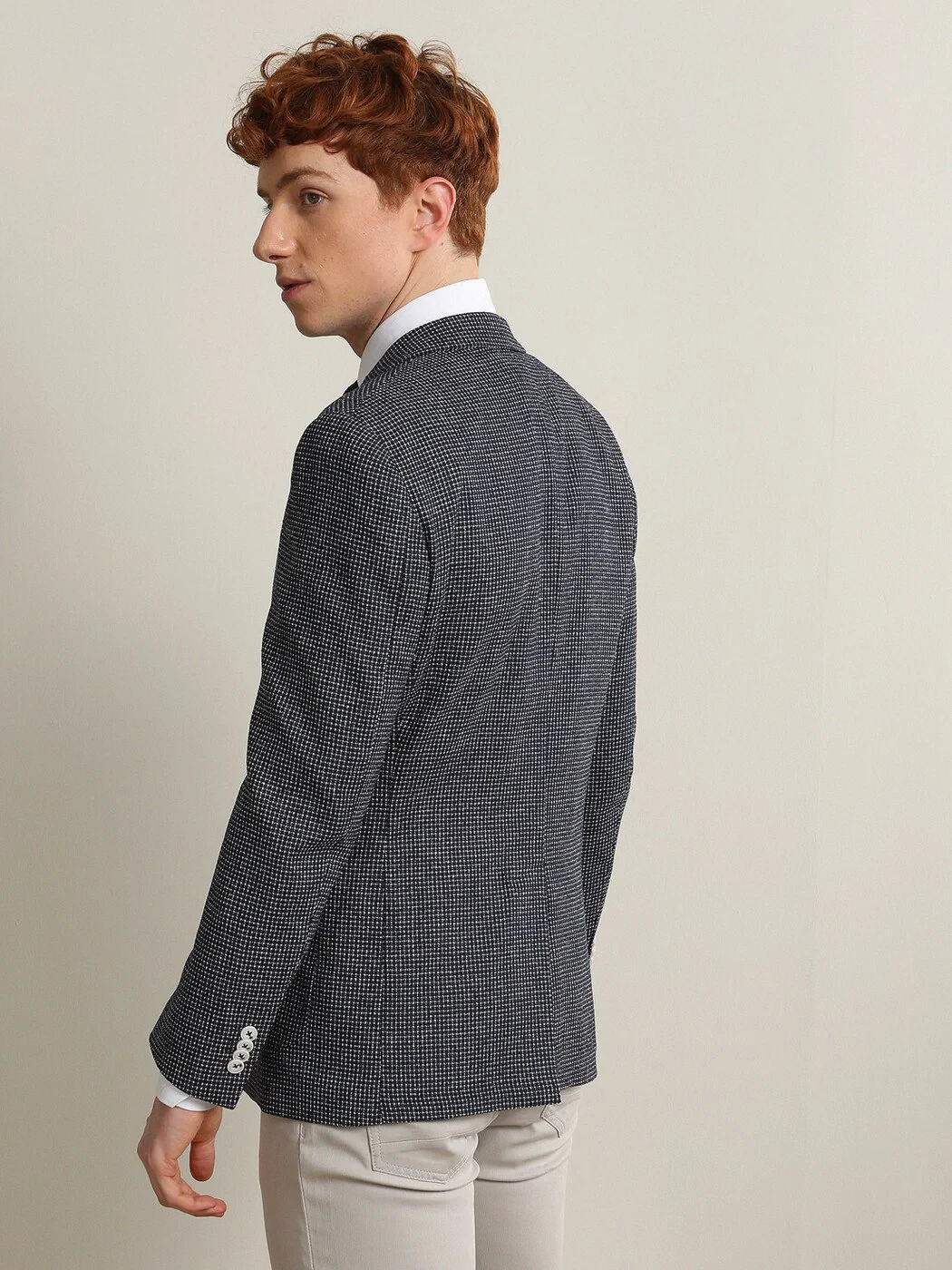 Lacivert Desenli Modern Fit Yün Karışımlı Ceket - 5