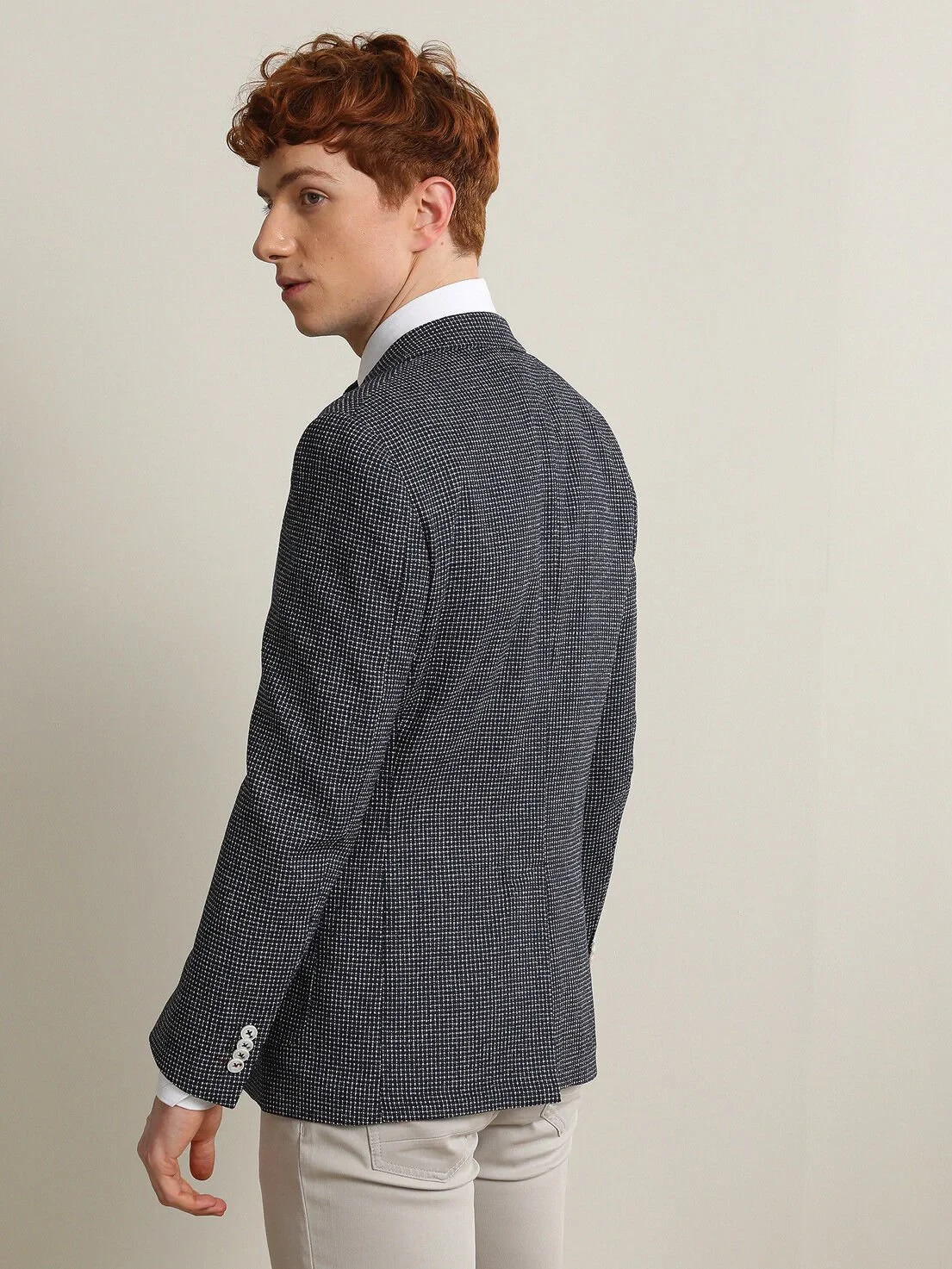 Lacivert Desenli Modern Fit Yün Karışımlı Ceket - 5
