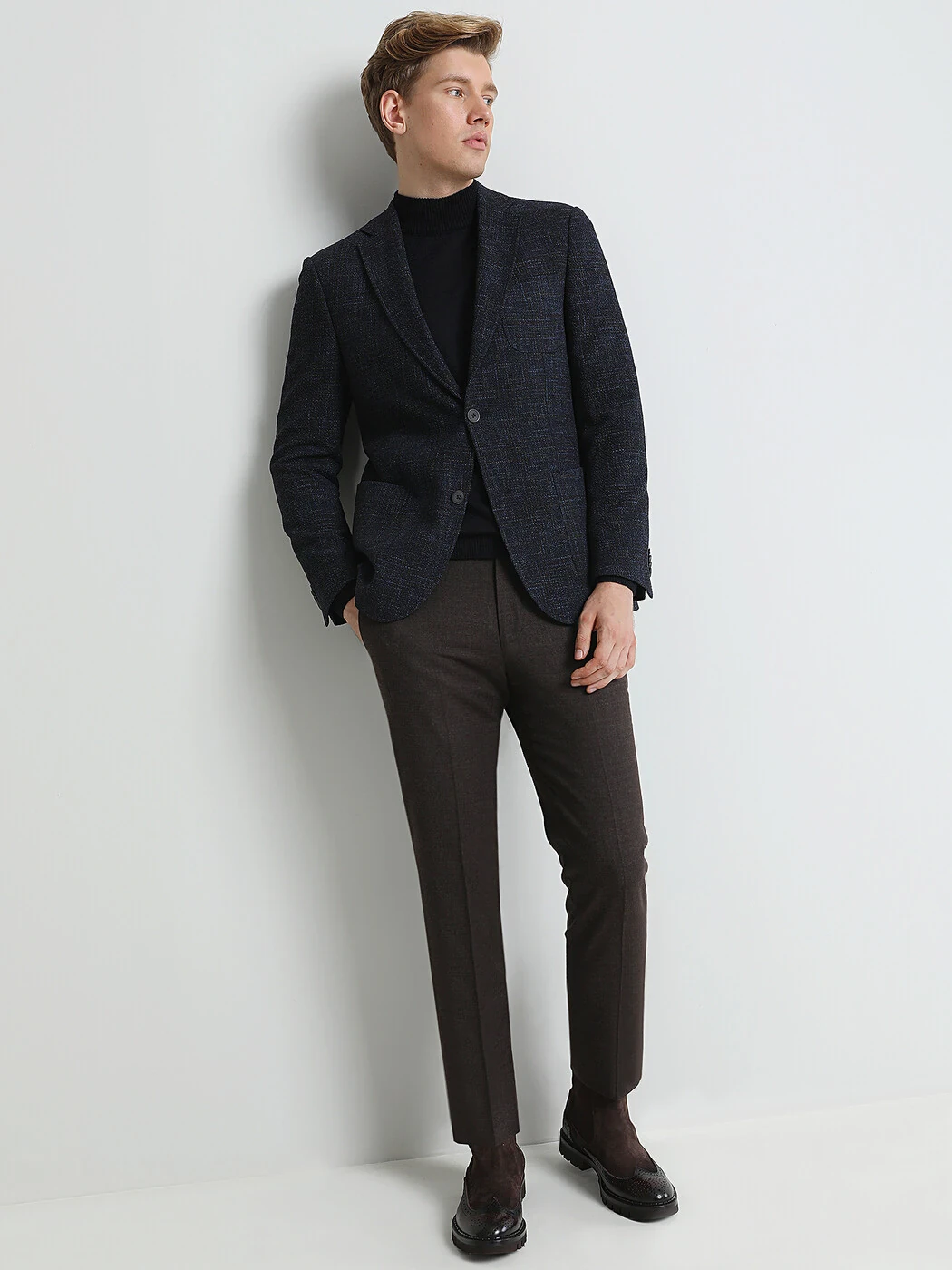Lacivert Desenli Modern Fit Yün Karışımlı Ceket - 1