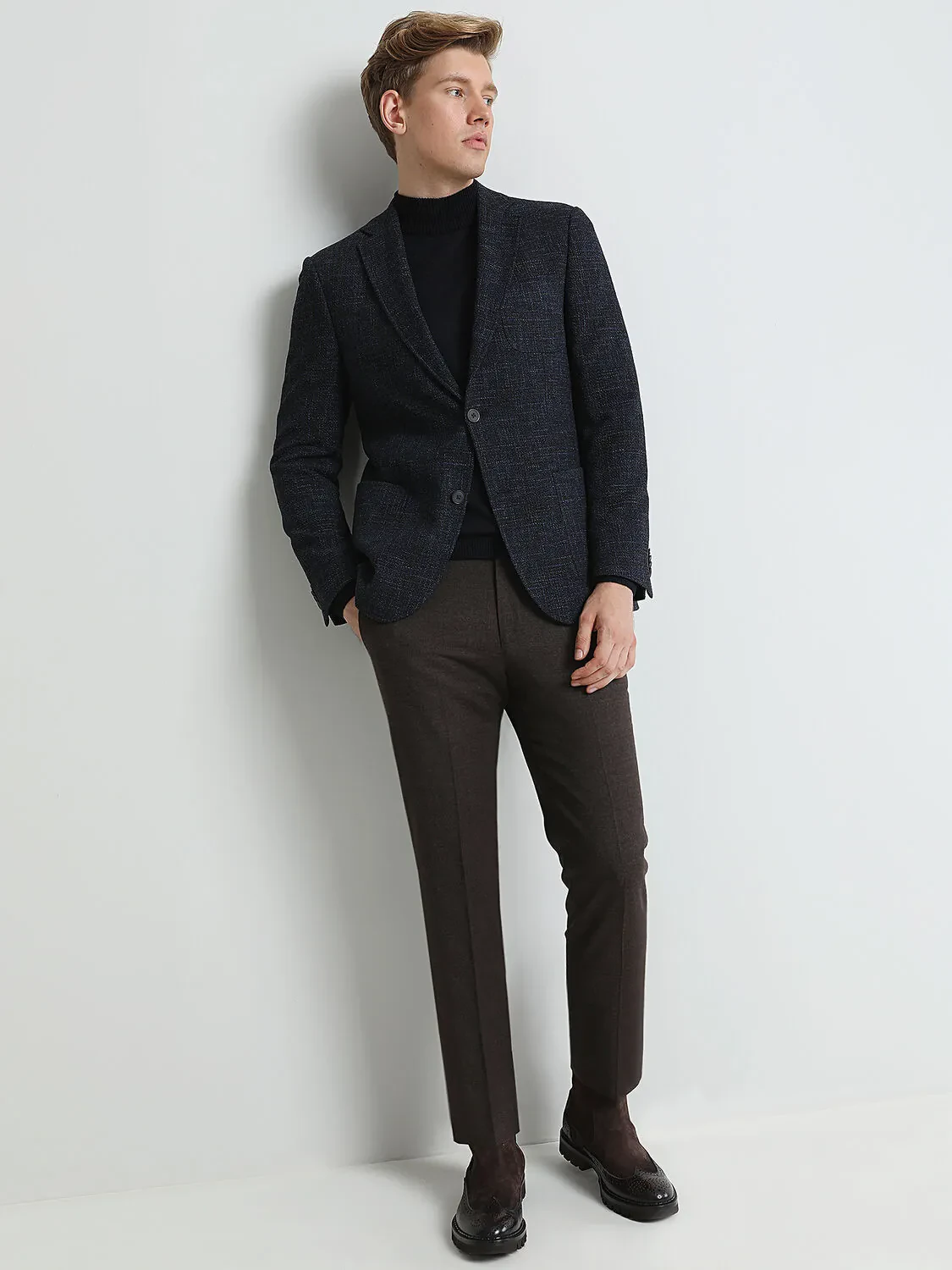Lacivert Desenli Modern Fit Yün Karışımlı Ceket - 1